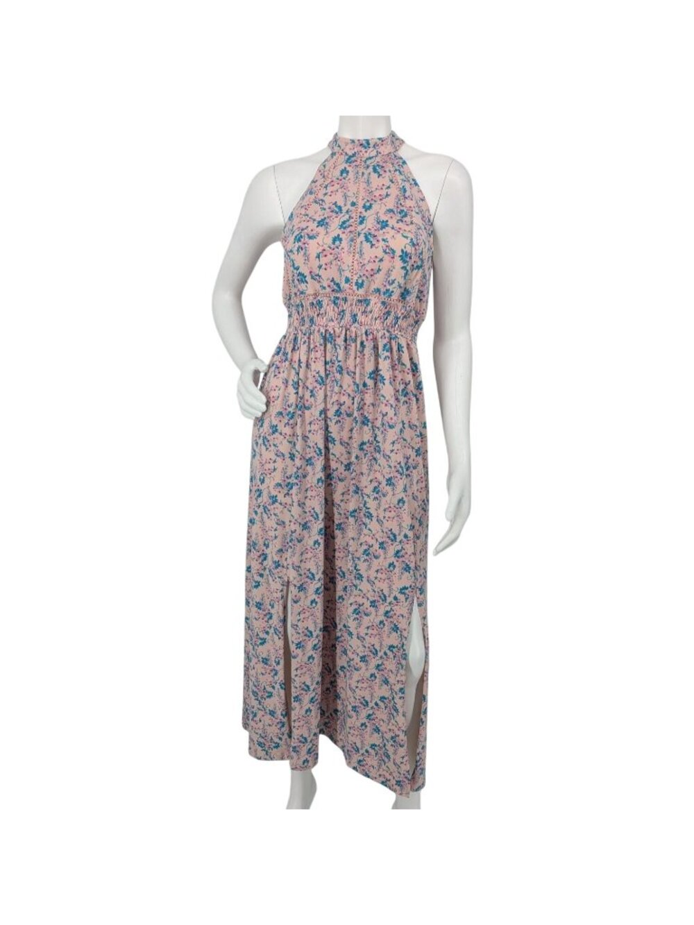 Pink Floral Halter Maxi Dress Smocked Waist Romantic Whimsical Side Slit Medium